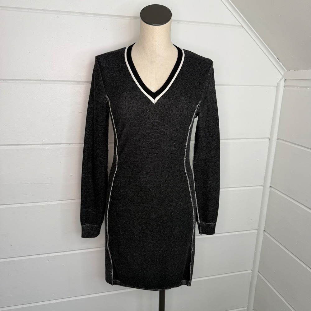 Rag & Bone Small Long Sleeve Dress V Neck Mini Dress Knit Charcoal Gray
